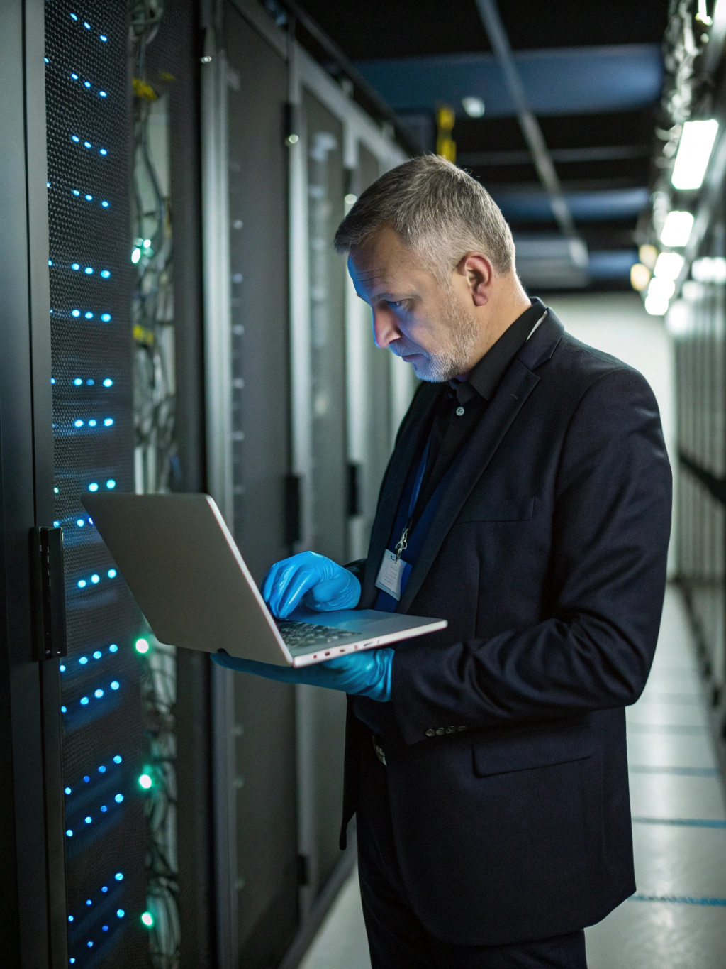 Professional defense consulting environment with secure technical infrastructure and disciplined workspace