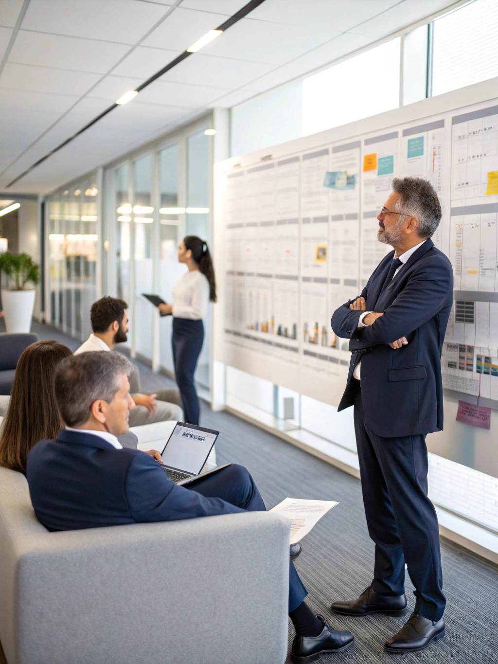 Project manager presenting a technical roadmap on a whiteboard