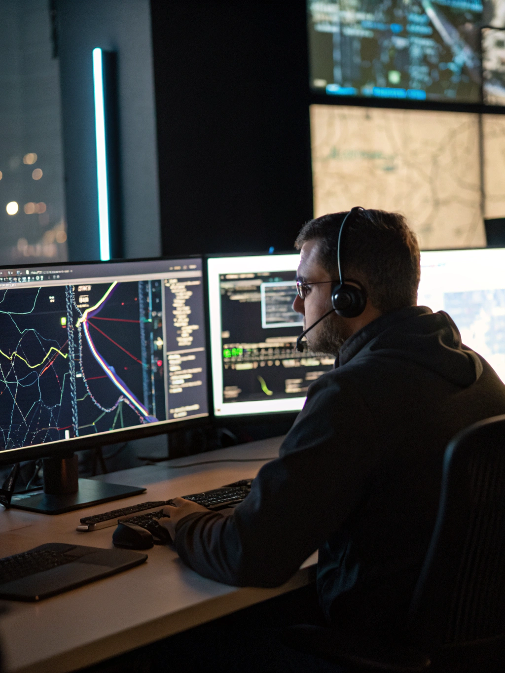 Cybersecurity analyst monitoring network traffic on multiple screens